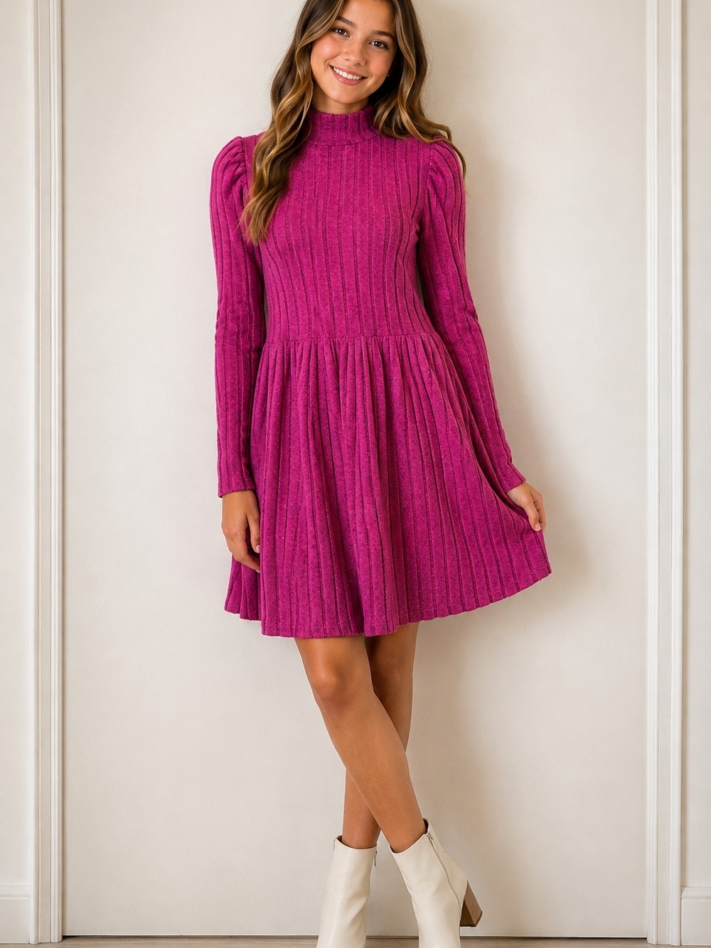 Ribbed Mock-Neck Fit & Flare Dress in Fuchsia -15Y